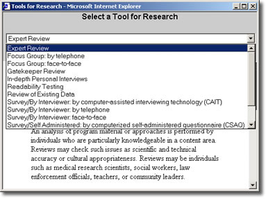 image of the Tools for Research pull-down menu