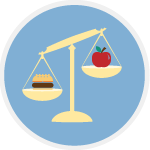 Scale weighing apple against a cheesburger icon
