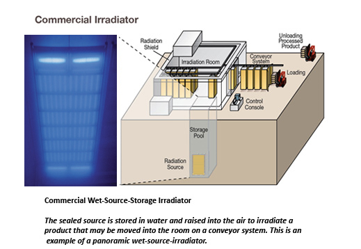 Commercial food irradiator with an actual picture of a retracted radioactive source. 